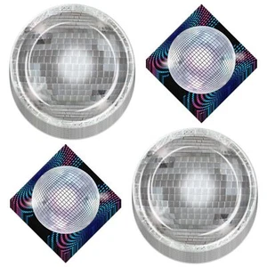 70s Disco Party Supplies - Silver Disco Ball Paper Dinner Plates with Napkins - Picture 1 of 4