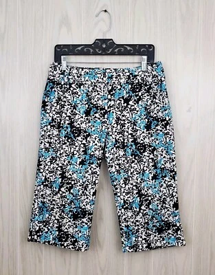 ANN TAYLOR Bermuda Short 8 Black Teal White Floral Stretchy Cotton with Pockets - Image 1 of 4