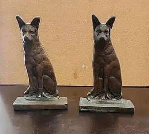 Pair Vintage Antique Cast Iron Seated German Shepherd Dogs Bookends - Picture 1 of 10
