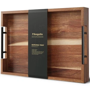 Vassoio da portata in legno di acacia manici in metallo 17x12 pollici ottomano decorativo grande - Foto 1 di 6