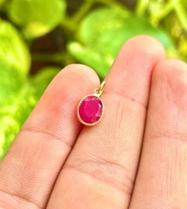 Lab Ruby Oval Shaped Charm, 18k Gold Minimalist Charm, Handcrafted Gold Charm - Picture 1 of 6