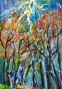 ACEO Original Gemälde Herbst BAUM Landschaft REGENSTURM Blitz Regen ATC ART - Bild 1 von 1
