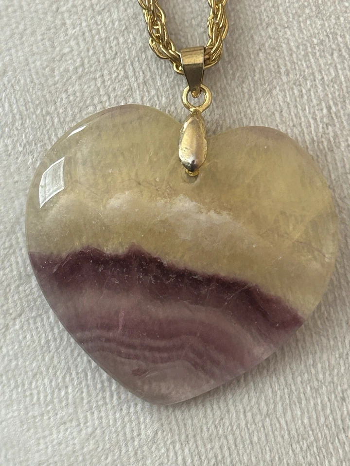 18k CP Marked Large Amethyst candy Fluorite heart Gold Plated Rope Necklace - Image 1 of 4