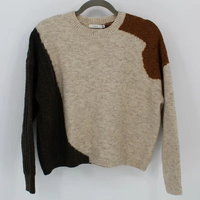 Lush $62 Large Oatmeal Brown Black Colorblock Wool Blend Crew Neck Sweater - Image 1 of 4