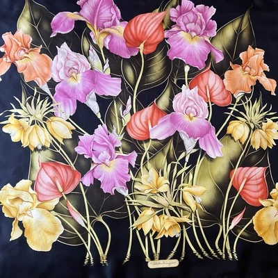 Salvatore Ferragamo Black Silk Floral Luxury Scarf Designer Money Flowers - Image 1 of 4