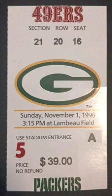 1998 Packers 49ers Jerry Rice TD Brett Favre 3 TD Steve Young TD Football Ticket - Image 1 of 2