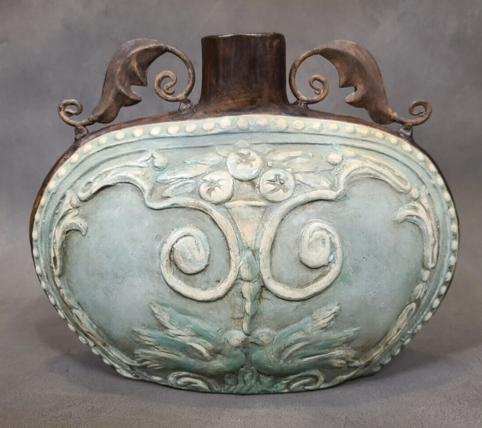 Collectable IMAX Clay Vase Metal Handles Green Brown Home Décor Decoration - Image 1 of 4