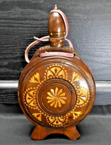 Vintage Folk Art Flask - Large Hand Carved Wood - Water Bottle Decanter (376) - Picture 1 of 13