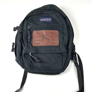 Vintage Jansport Backpack Black Nylon Leather Patch Logo - Picture 1 of 5