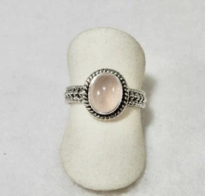 Rose Quartz Small Oval Ring Roping Band 925 Sterling Silver Size 7.75 Self-Love - Picture 1 of 3