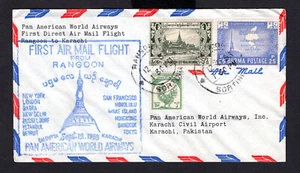 Birmania 1953 Rangún primer vuelo a Karachi Pakistán, Pan American World Airways - Imagen 1 de 2