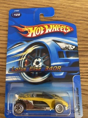 Tarjeta azul Hot Wheels LOTUS ELISE 340R amarilla cromada ruedas #129 2006 B2 Foto 1 de 4