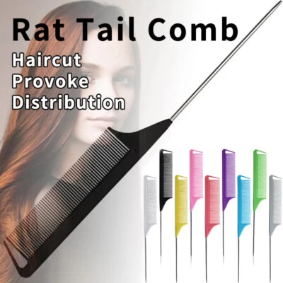 Fine-tooth Comb Metal Handle Anti-static Hair Style Rat Tail Comb Hair Styling✔ - Image 1 of 4