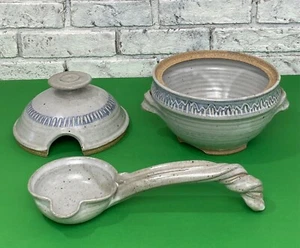 Vintage Handmade Signed Blue Glazed Stoneware Pottery 2qt Soup Tureen w/Ladle - Picture 1 of 20