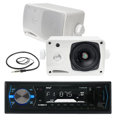 Pyle 3.5" Box Marine 200W Speakers, Pyle Black AM FM USB Marine Radio, Antenna - Image 1 of 4