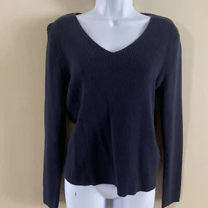 Vintage Liz & Co. Pullover Navy Blue Ribbed V-Neck Lightweight Sweater Size XL - Picture 1 of 10