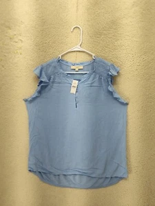 Loft Women Top Extra Large Blue 100%Rayon Ruffle Sleeve Casual 1/4 Button Blouse - Picture 1 of 17