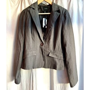 My Michelle Gray PInStripe Blazer Jacket Fitted Long Sleeve Lined One Button L - Picture 1 of 12