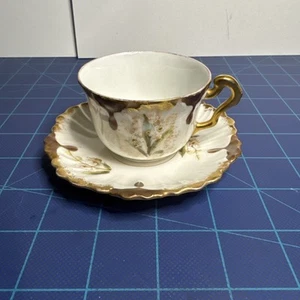 Antique Demitasse Art Nouveau Floral L S S Limoges Hand Painted Cup & Saucer, - Picture 1 of 7