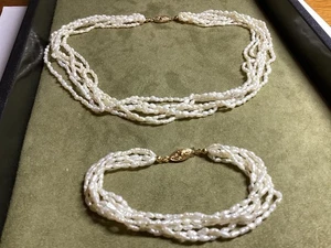 Freshwater Rice Pearl 6 Strand Necklace & Bracelet Goldtone Set Vtg. Free Ship - Bild 1 von 5