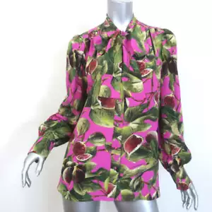 Dolce & Gabbana Fig Print Pussy Bow Blouse Pink Silk Size 44 Long Sleeve Top - Picture 1 of 6