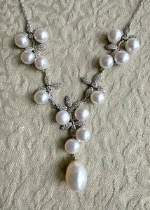 Natural Akoya Pearls CZ 925 Sterling Silver Link Necklace 18" - Picture 1 of 5