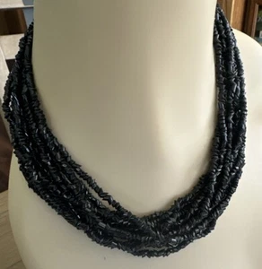 Vtg Estate Black Chip Beaded Glass Necklace Multi Strand Collar 16" Long Classic - Picture 1 of 8