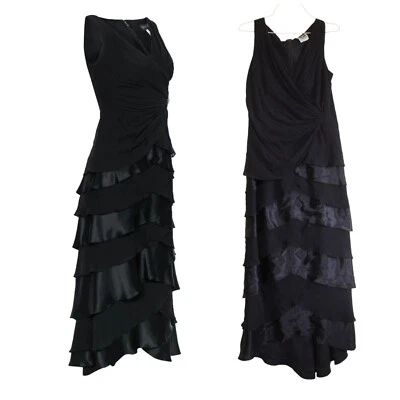 Antigo Vestido Tadashi 100% Seda Maxi Preto Obturador Tamanho 16 Camadas Vestido Decote V - Imagem 1 de 4