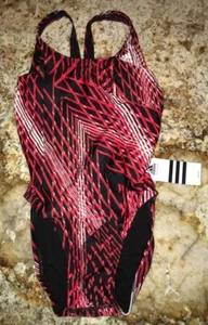 ADIDAS Linear Subway V Back Red Black White 1pc Swim Suit NEW Female Girls 12 28 - Picture 1 of 5