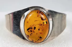 Vintage Baltic Amber Bracelet Sterling Silver Open Cuff 7" Adjustable Modernist - Picture 1 of 9