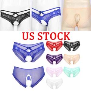 Men Sheer Lace Briefs Low Waist Pouch Underwears Open Crotch Crossdress AU - Picture 1 of 12