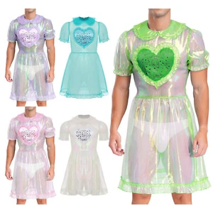Costume Pigiama Uomo Adulto Trasparente Sirena Sissy Nightwear Manica Corta Cuore - Foto 1 di 49