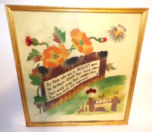 Antique August Birth Month Embroidery Painted Theorem Sardonyx Jupiter Astrology - Picture 1 of 7