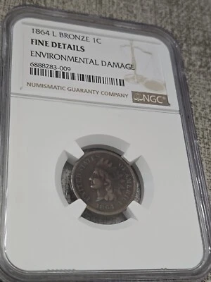 1864 L Indian Head Penny Cent Fine Details NGC Certified Bronze Env Dmg - Image 1 of 4