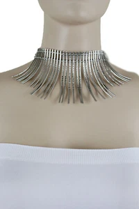 Women African Stylish Fashion Necklace Silver Metal Chains Stripes Jewelry Set - Picture 1 of 10