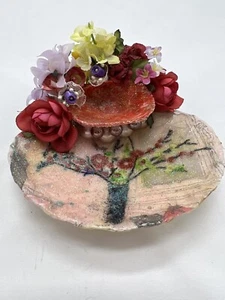 Handmade Oyster Shell Decoupage Two Tier Jewelry Holder with Pearls & Flowers - Picture 1 of 15