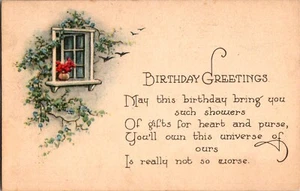 Birthday Greetings Vtg Postcard Poem Flowers Birds Window Ivy - Picture 1 of 2
