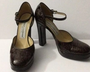 Dolce & Gabbana $995 Italian Floral Tooled Leather Platform Heels Brown 37.5 Exc - Picture 1 of 13