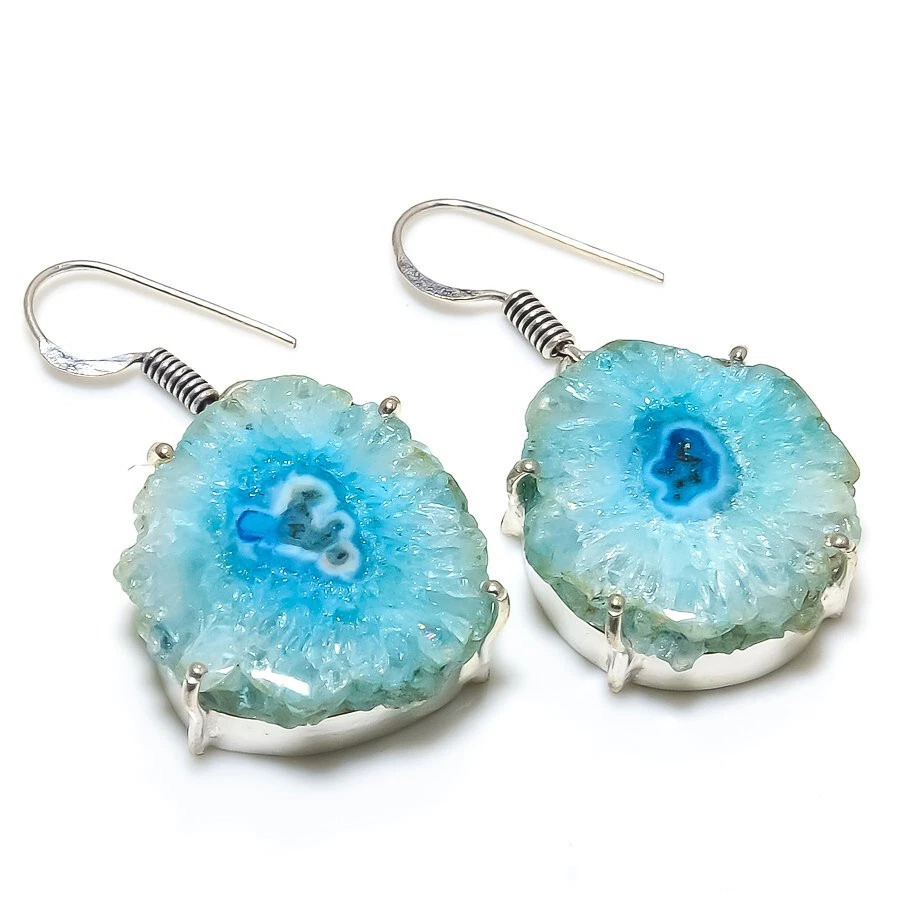 Solar Quartz Druzy Gemstone Silver Plated Earrings Jewelry 1.5" Gift For her - Image 1 of 1