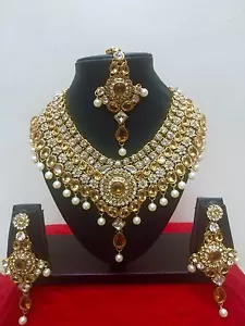 Estilo indio de Bollywood Diamante Kundan Perla chapada en oro Conjunto de joyería nupcial - Imagen 1 de 4