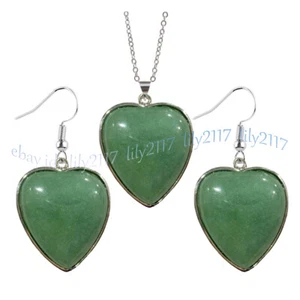 Natural Green Aventurine Heart Pendant Silver Chain Necklace Earrings Set 17'' - Picture 1 of 9