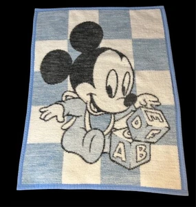 Vintage Biederlack Baby Mickey Mouse Blanket Blue Check ABC Blocks Disney 1984 - Picture 1 of 2