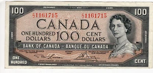 Bank of Canada 1954 $100 Dollars Lawson-Bouey C/J Prefix VF+ - Bild 1 von 2
