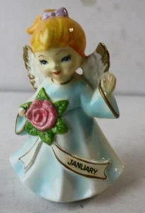 January Angel Figurine Pink Flower Blue Dress Blonde Hair Composite Made Korea - - Picture 1 of 1