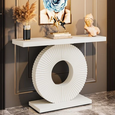 Modern Console Table with Geometric Base Narrow Long Wood Entryway Furniture - Image 1 of 4