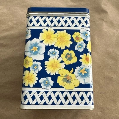 Vintage Floral Blue & Yellow Flowers Tin Metal Box Equal Sweetener 1989 - Image 1 of 4