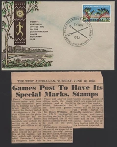 1962 Australia Commonwealth Games Perth ROWING FDC with 1962 Newspaper Clip - Picture 1 of 3