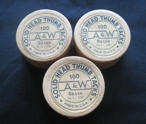 Vintage A & W Brand No. 3 Solid Head Thumb Tacks, 3 Round Cardboard Boxes - Picture 1 of 2