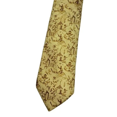 Salvatore Ferragamo Tie 100% Silk Yellow Brown Asian Print Novelty Office Career - Image 1 of 4
