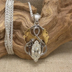 Silver and 18K Vermeil with White Moissanite Alchemy Ginkgo Leaf Angel Pendant - Picture 1 of 12